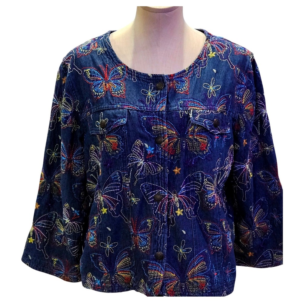 Indigo Moon Lg Butterfly Embroidered Lined Denim Jacket Button Front Boho #4122‎